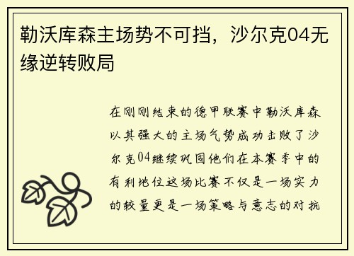 勒沃库森主场势不可挡，沙尔克04无缘逆转败局