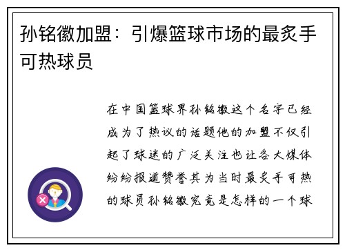孙铭徽加盟：引爆篮球市场的最炙手可热球员