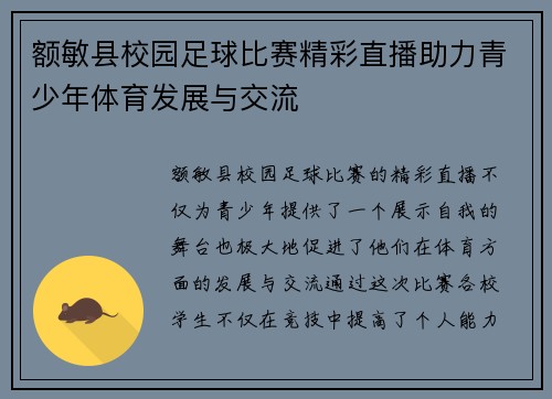 额敏县校园足球比赛精彩直播助力青少年体育发展与交流